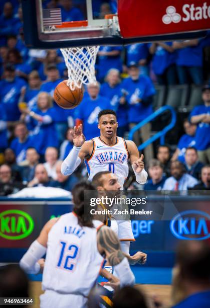 Russell Westbrook of the Oklahoma City Thunder passes the ball against the Utah Jazz during Game one and Round one of the 2018 NBA Playoffs on April...