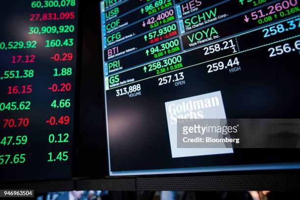 Monitor displays Goldman Sachs Group Inc. Signage on the floor of the New York Stock Exchange in New York, U.S., on Monday, April 16, 2018. U.S....