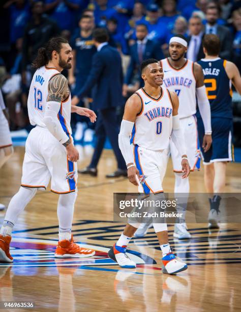 Russell Westbrook of the Oklahoma City Thunder during the game against the Utah Jazz during Game one and Round one of the 2018 NBA Playoffs on April...