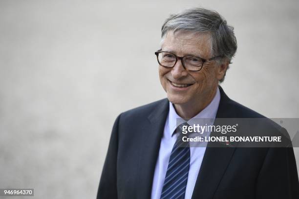 Microsoft founder and billionaire philanthropist Bill Gates leaves the Elysee presidential palace, after a meeting with French President on April 16,...