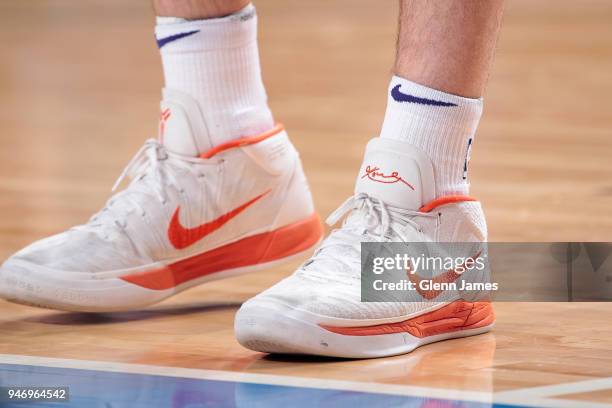 The sneakers of Alec Peters of the Phoenix Suns during the game against the Dallas Mavericks on April 10, 2018 at the American Airlines Center in...