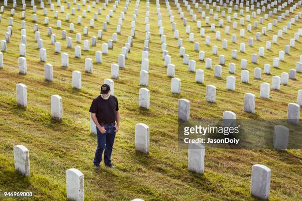 authentic vietnam veteran walking in military cemetary - vietnam war stock pictures, royalty-free photos & images