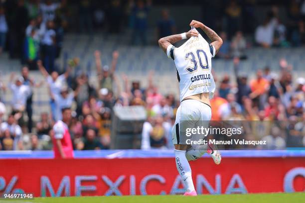 Nicolas Castillo of Pumas celebrates after scoring a goal during the 15th round match between Pumas UNAM and Puebla as part of the Torneo Clausura...