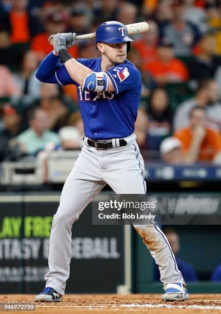 Ryan Rua of the Texas Rangers at bat against the Texas Rangers at Minute Maid Park on April 14, 2018 in Houston, Texas.
