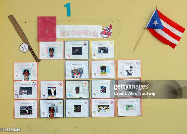 Wall display filled with student projects on "Héroe de nuestra isla" or Hero of the Island featuring Francisco Lindor of the Cleveland Indians is...
