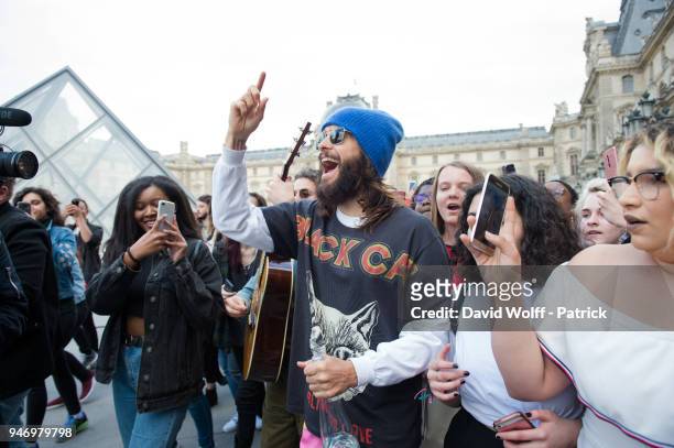 Jared Leto of 30 Seconds to Mars arrives for an unexpected showcase at Musee du Louvre on April 16, 2018 in Paris, France.