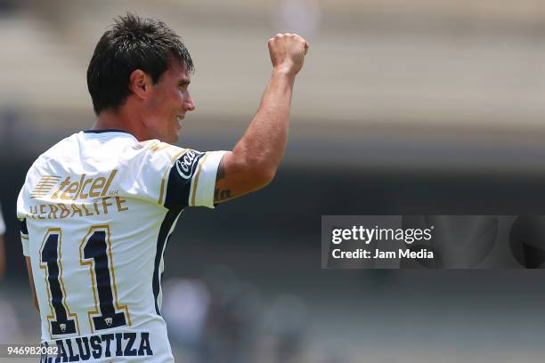 Matias Alustiza of Pumas celebrates after scoring the second goal of his team during the 15th round match between Pumas UNAM and Puebla as part of...