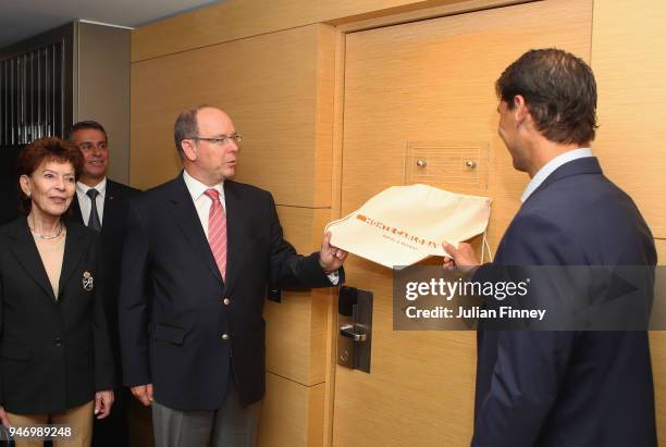 Rafael Nadal of Spain and Albert II, Prince of Monaco unveil the new naming of Nadal's lucky hotel suite 'Suite Rafael Nadal' during Day Two of the...