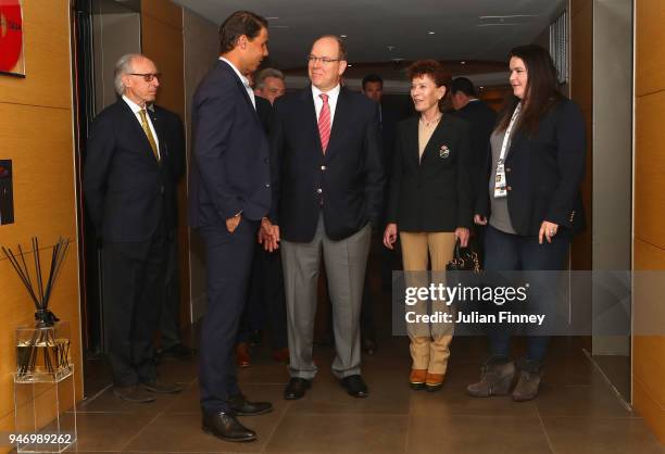 Rafael Nadal of Spain meets with Albert II, Prince of Monaco, Elysabeth-Anne de Massy and Melanie de Massy on the floor of Nadal's suite during Day...