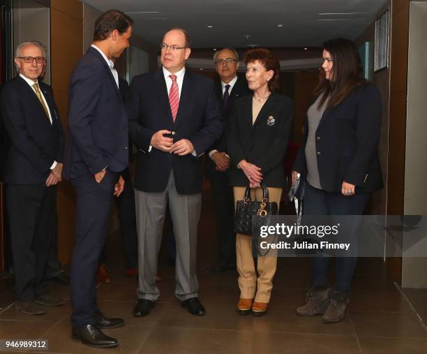 Rafael Nadal of Spain meets with Albert II, Prince of Monaco, Elysabeth-Anne de Massy and Melanie de Massy on the floor of Nadal's suite during Day...