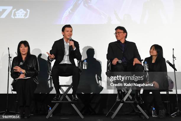 Actor Tom Holland and Film Director Anthony Lusso attend the fan event for 'Avengers Infinity War' Tokyo premiere at the TOHO Cinemas Hibiya on April...