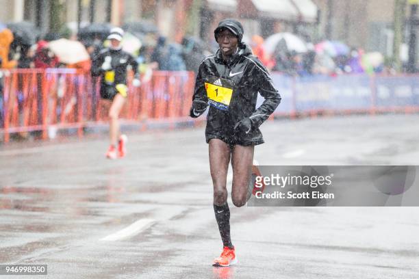 Edna Kiplagat approaches the 24 mile marker of the 2018 Boston Marathon on April 16, 2018 in Brookline, Massachusetts. Desiree Linden became the...