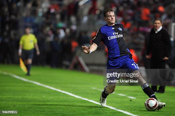 Marcell Jansen of HSV fails to keep the ball in play against Hapoel Tel Aviv during their Group C UEFA Europa League match on December 17, 2009 in...