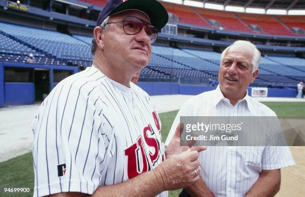 University of Miami coach Ron Frazer and Los Angeles Dodgers Manager Tommy Lasorda on the field for the 1992 USA Baseball team on June 18, 1992.