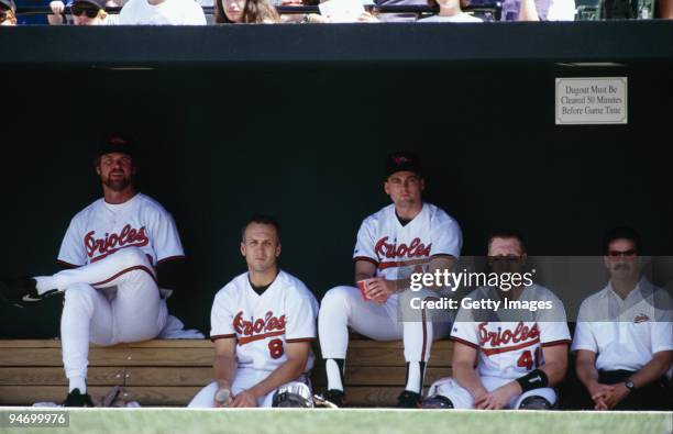 Cal Ripken Jr. #8 of the Baltimore Orioles and his teammates look on from the dugout during an MLB game circa 1992 at Memorial Stadium in Baltimore,...