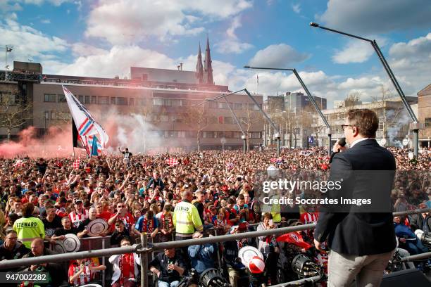 Supporters of PSV, Guus Meeuwis during the PSV Championship celebration at the City hall on April 16, 2018 in Eindhoven Netherlands