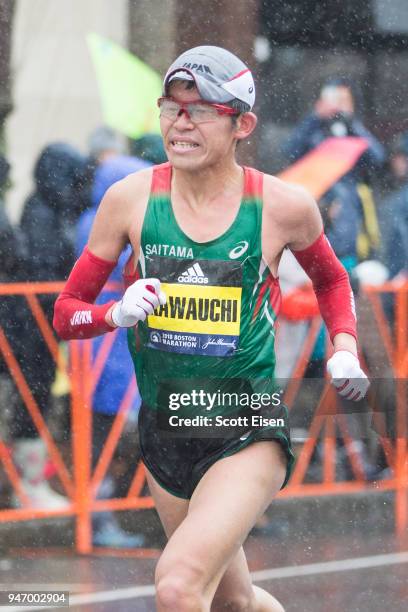 Yuki Kawauchi approaches the 24 mile marker of the 2018 Boston Marathon on April 16, 2018 in Brookline, Massachusetts. He won the race, his first...