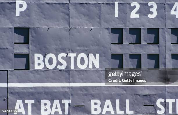 Detailed view of the scoreboard during the game between the Detroit Tigers and the Boston Red Sox on June29, 1997 at Fenway Park in Boston,...