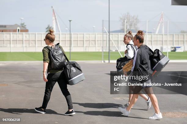 Aurora Galli , Benedetta Glionna and Arianna Caruso at their arrival before the Juventus Women first training session at Jtc in Continassa on April...