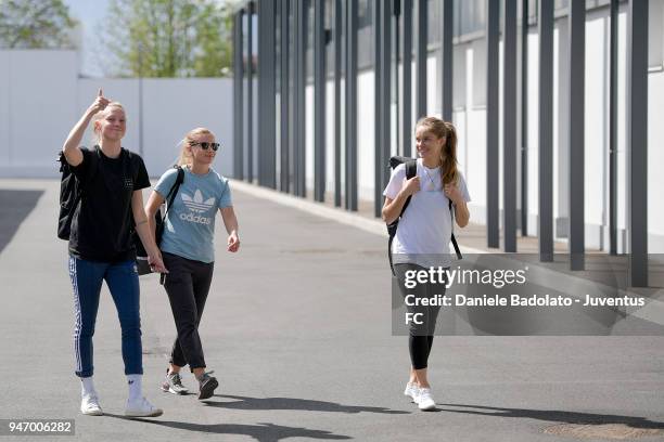 Sanni Maija Franssi , Tuija Hyyrynen and Kathryn Rood at theur arrival before the Juventus Women first training session at Jtc in Continassa on April...