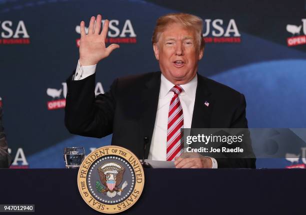 President Donald Trump speaks during a roundtable discussion about the Republican $1.5 trillion tax cut package he recently signed into law on April...