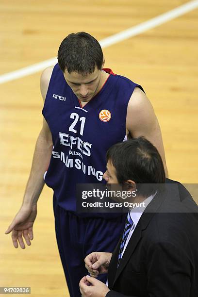 Bostjan Nachbar, #21 of Efes Pilsen Istanbul with and Ergin Ataman, Head Coach of Efes Pilsen Istanbul in action during the Euroleague Basketball...