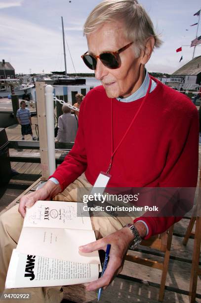 Peter Benchley, author of the novel "Jaws", signs an original copy of the book at a ribbon-cutting ceremony Friday June 3 launching the start of the...