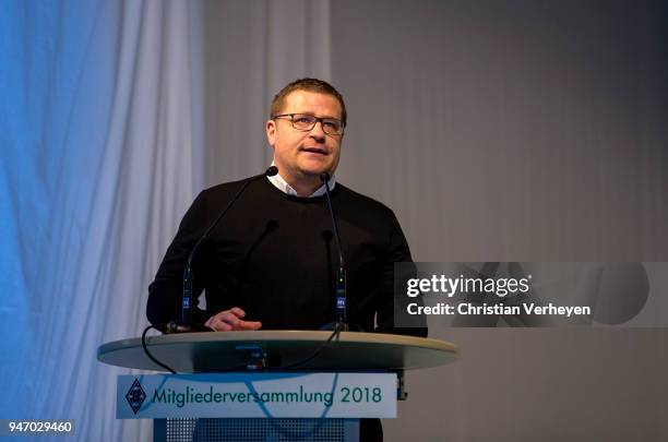 Director of Sport Max Eberl of Borussia Moenchengladbach talks during the Annual Meeting of Borussia Moenchengladbach at Borussia-Park on April 16,...