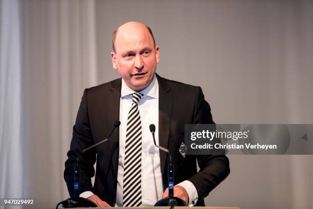 Managing director Stephan A. C. Schippers of Borussia Moenchengladbach talks during the Annual Meeting of Borussia Moenchengladbach at Borussia-Park...