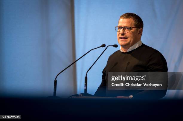Director of Sport Max Eberl of Borussia Moenchengladbach talks during the Annual Meeting of Borussia Moenchengladbach at Borussia-Park on April 16,...