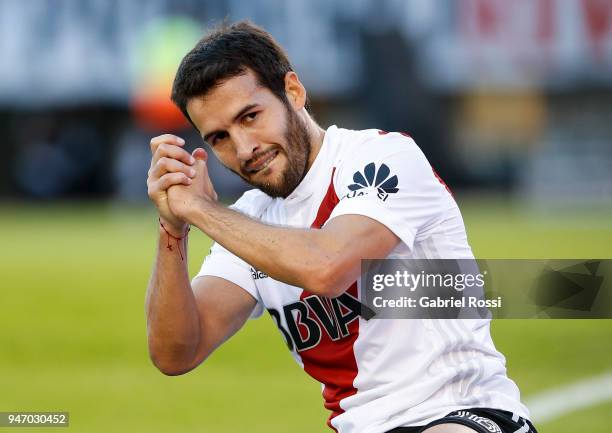 Camilo Mayada of River Plate reacts during a match between River Plate and Rosario Central as part of Superliga 2017/18 at Estadio Monumental Antonio...