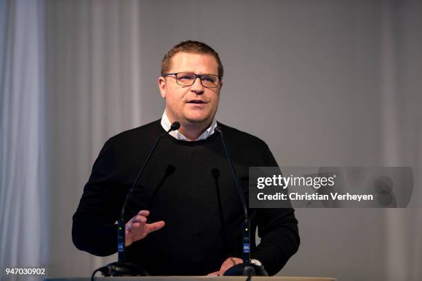 Director of Sport Max Eberl of Borussia Moenchengladbach talks during the Annual Meeting of Borussia Moenchengladbach at Borussia-Park on April 16,...