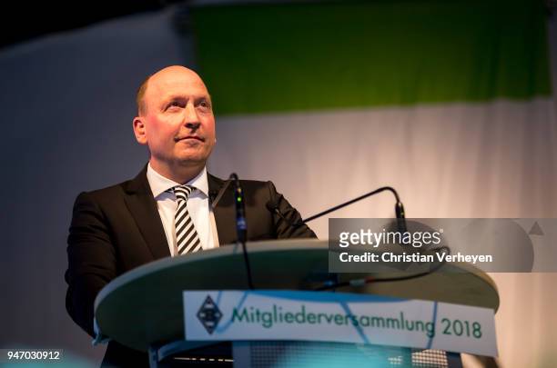 Managing director Stephan A. C. Schippers of Borussia Moenchengladbach talks during the Annual Meeting of Borussia Moenchengladbach at Borussia-Park...