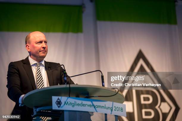 Managing director Stephan A. C. Schippers of Borussia Moenchengladbach talks during the Annual Meeting of Borussia Moenchengladbach at Borussia-Park...