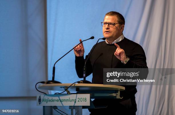 Director of Sport Max Eberl of Borussia Moenchengladbach talks during the Annual Meeting of Borussia Moenchengladbach at Borussia-Park on April 16,...