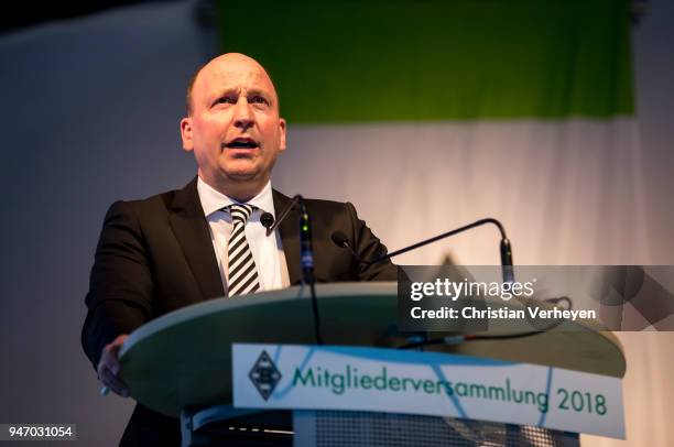 Managing director Stephan A. C. Schippers of Borussia Moenchengladbach talks during the Annual Meeting of Borussia Moenchengladbach at Borussia-Park...