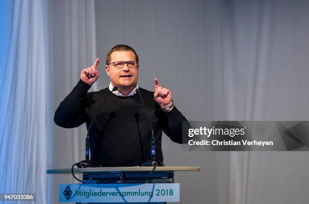 Director of Sport Max Eberl of Borussia Moenchengladbach talks during the Annual Meeting of Borussia Moenchengladbach at Borussia-Park on April 16,...