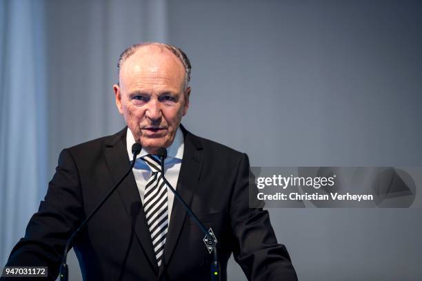 President Rolf Koenigs of Borussia Moenchengladbach talks during the Annual Meeting of Borussia Moenchengladbach at Borussia-Park on April 16, 2018...