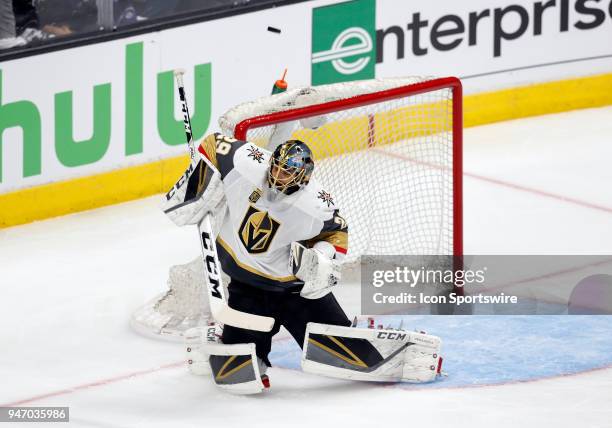 Vegas Golden Knights goalie Marc-Andre Fleury makes a save against the Los Angeles Kings during game 3 the first round of the Stanley Cup playoffs...