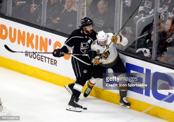Los Angeles Kings defenseman Drew Doughty hits Vegas Golden Knights right wing Reilly Smith during game 3 the first round of the Stanley Cup playoffs...