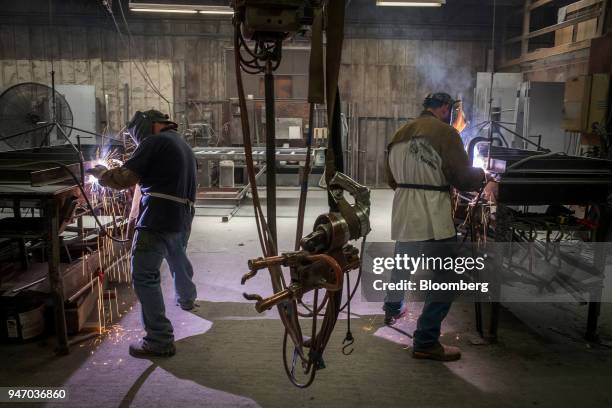 Workers operate metal inert gas welders to join seams at the Metal Manufacturing Co. Facility in Sacramento, California, U.S., on Thursday, April 12,...