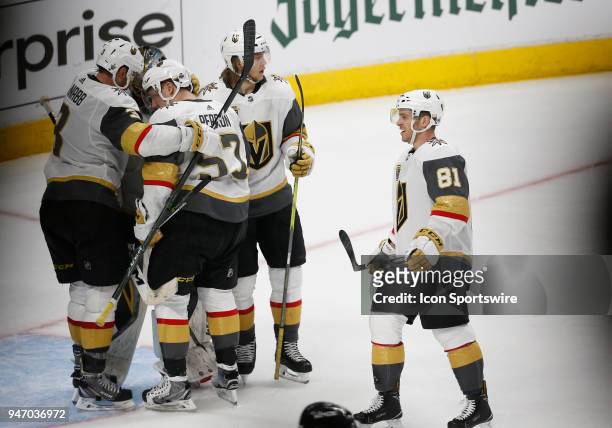 Vegas Golden Knights celebrate after defeating the Los Angeles Kings 3-2 during game 3 the first round of the Stanley Cup playoffs between the Las...