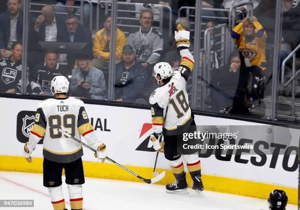 Vegas Golden Knights right wing James Neal reacts after scoring a goal against the Los Angeles Kings during game 3 the first round of the Stanley Cup...