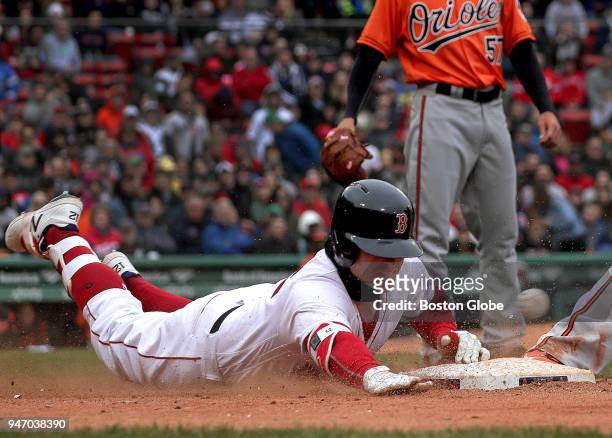 Boston Red Sox second baseman Brock Holt slides safely into first base as the throw gets away from Baltimore Orioles first baseman Chris Davis in the...