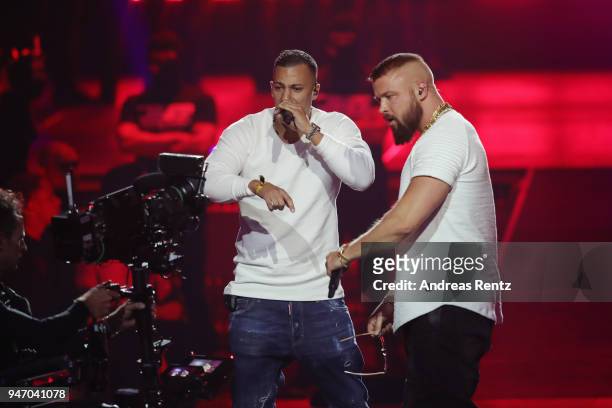 Hip-Hop/Urban - National' award winners Farid Bang and Kollegah perform on stage during the Echo Award show at Messe Berlin on April 12, 2018 in...