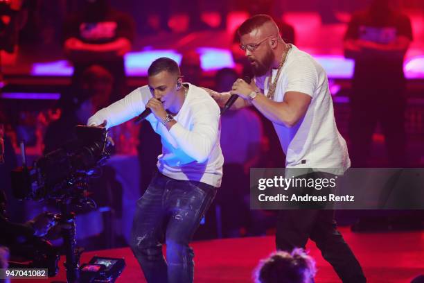 Hip-Hop/Urban - National' award winners Farid Bang and Kollegah perform on stage during the Echo Award show at Messe Berlin on April 12, 2018 in...