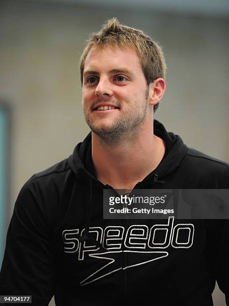 Liam Tancock takes part in a Speedo activity prior to the Duel in the Pool at The Manchester Aquatic Centre on December 17, 2009 in Manchester,...