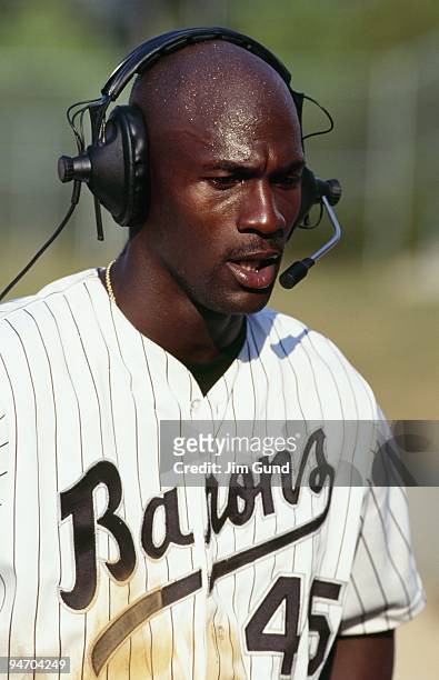 Michael Jordan of the Birmingham Barons gives an interview following an August 1994 game against the Memphis Chicks at Hoover Metropolitan Stadium in...
