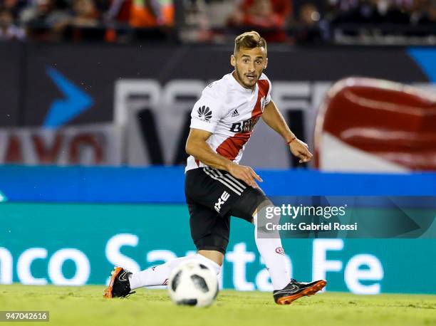 Marcelo Saracchi of River Plate kicks the ball during a match between River Plate and Rosario Central as part of Superliga 2017/18 at Estadio...