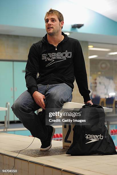 Liam Tancock takes part in a Speedo activity prior to the Duel in the Pool at The Manchester Aquatic Centre on December 17, 2009 in Manchester,...